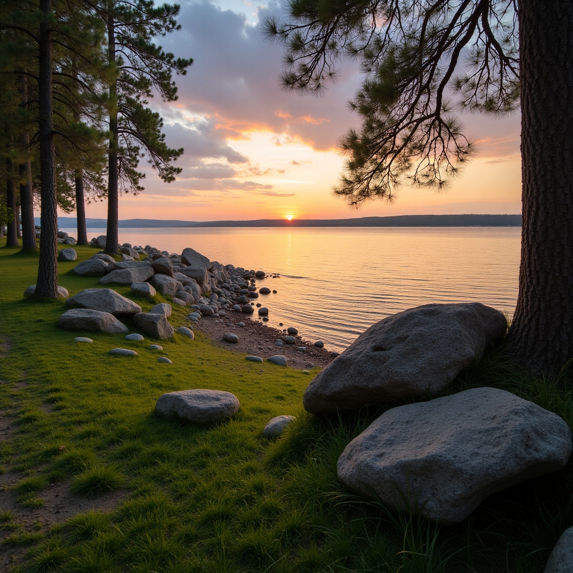 Tyyni järvenranta kivipaasipinoilla auringonlaskun aikaan